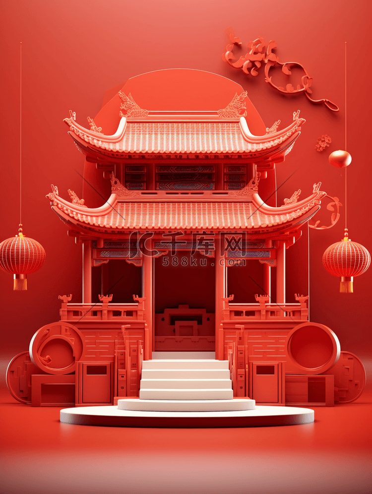 红色春节新年展示台背景中国风建