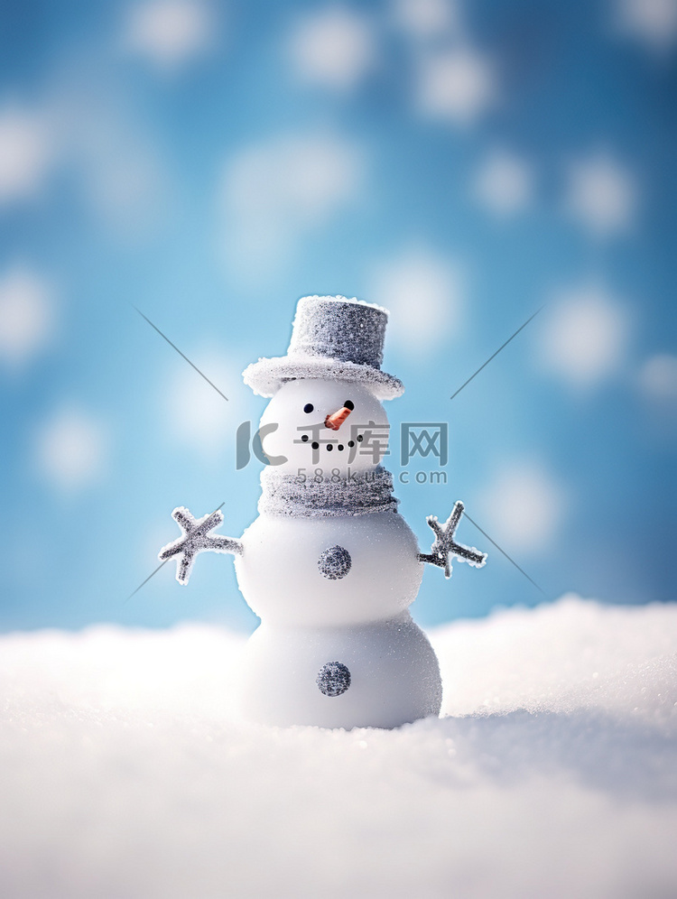 冬天节气一个雪人站在蓝色背景13