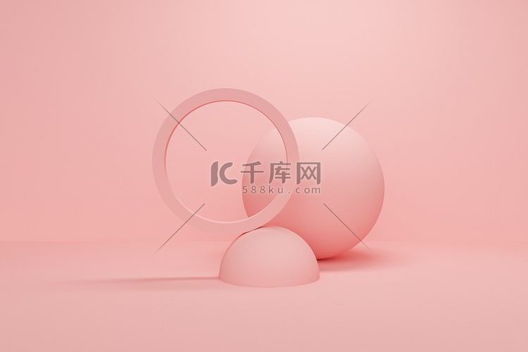 粉色抽象背景与球和戒指。产品促