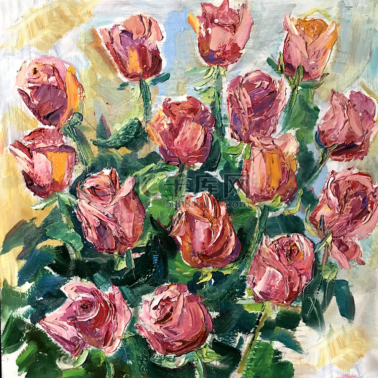 画粉红色的玫瑰花花束。图片包含