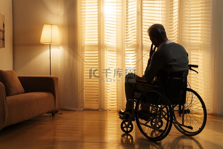 窗前孤独的老年人坐在轮椅上