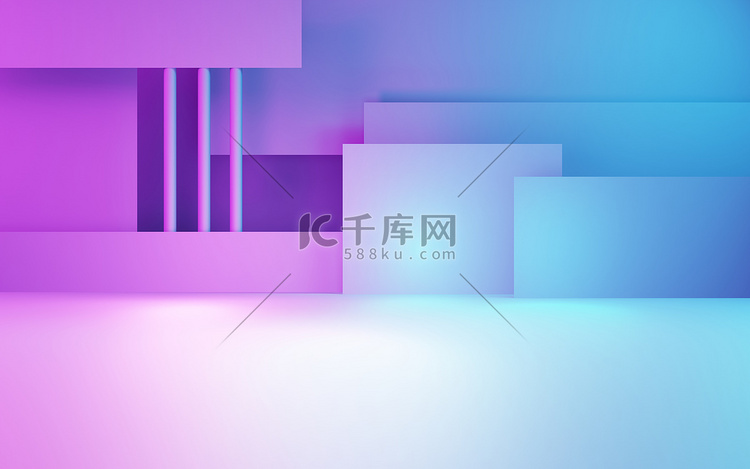 紫色和蓝色抽象几何背景的3D渲