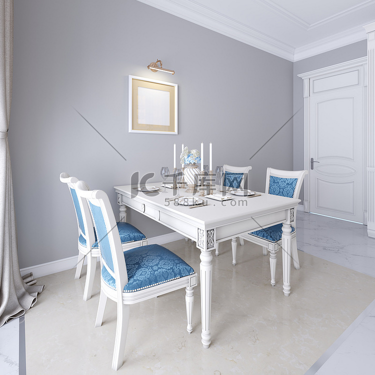 豪华的餐桌, 配有白色家具和椅