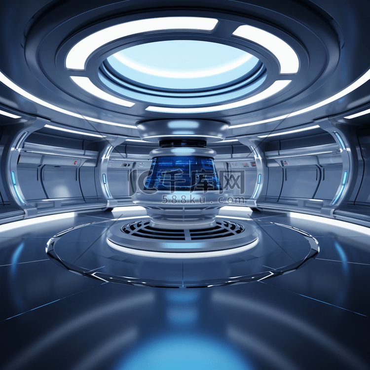 未来主义设计飞船内部走廊金属质
