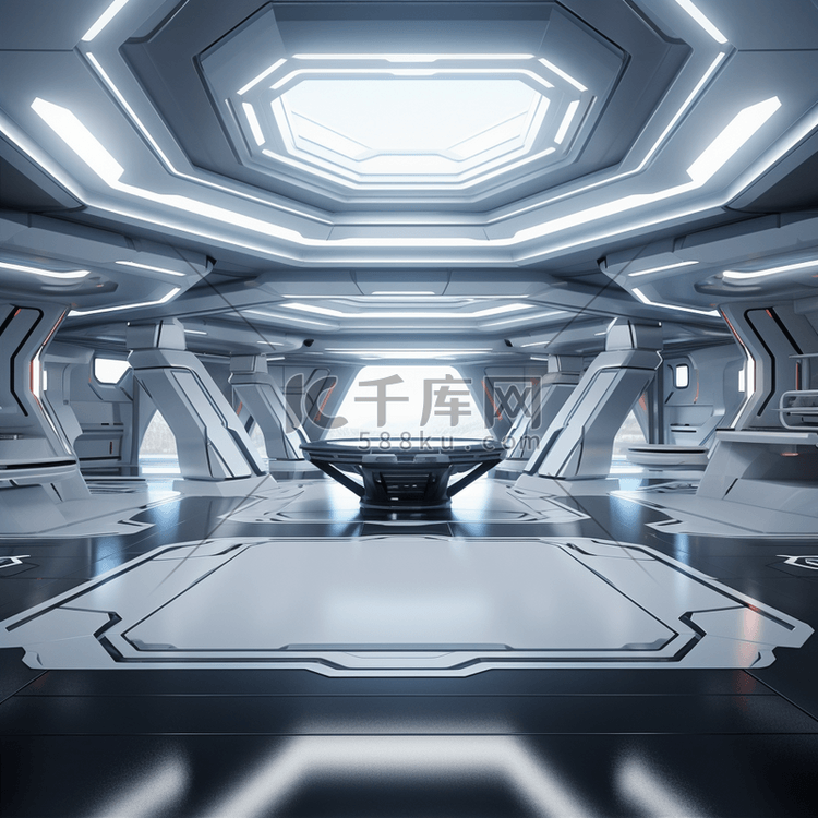 未来主义设计飞船内部走廊金属质