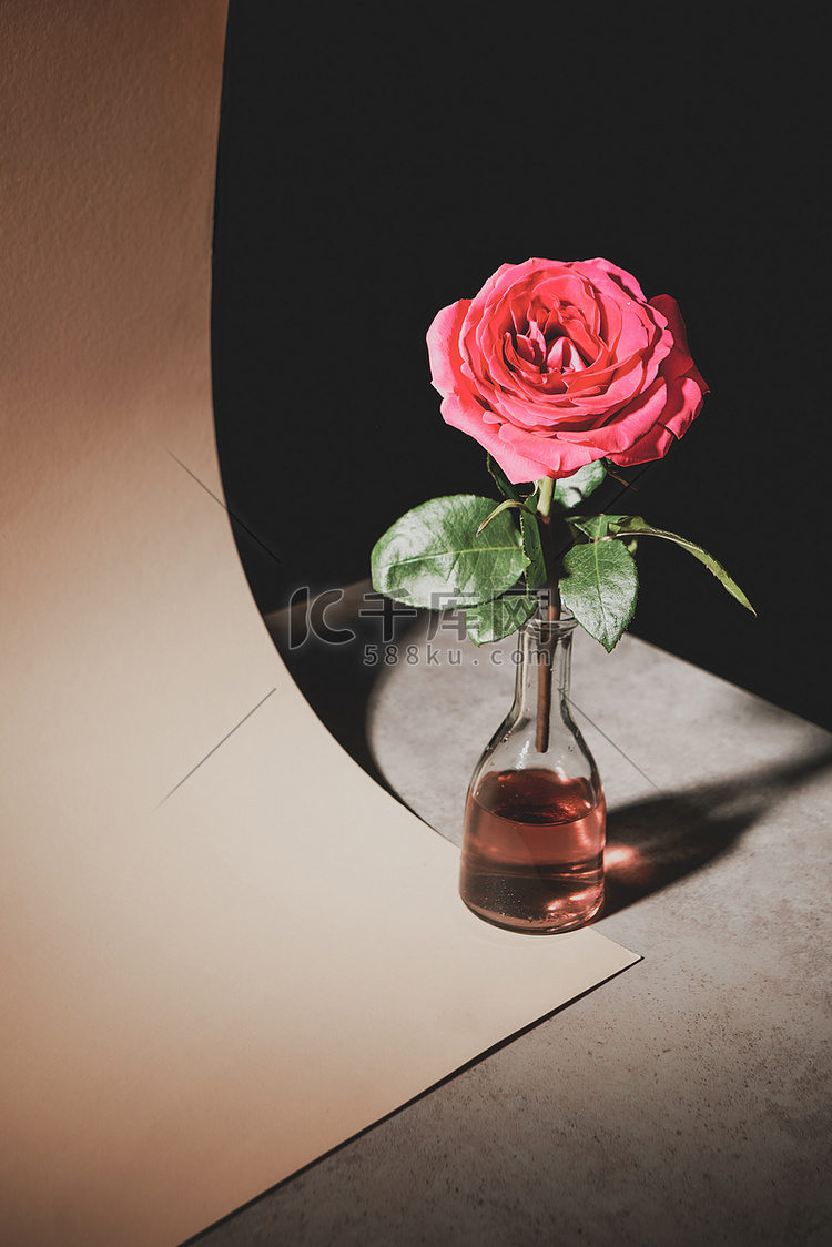 粉红色玫瑰花在玻璃瓶上的石头桌