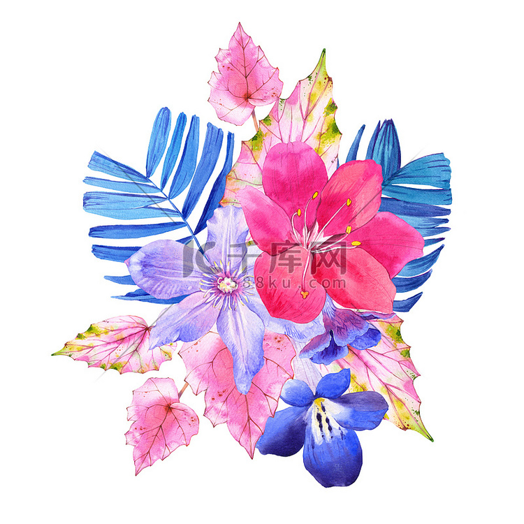 用粉色和蓝色的现实水彩鲜花花束