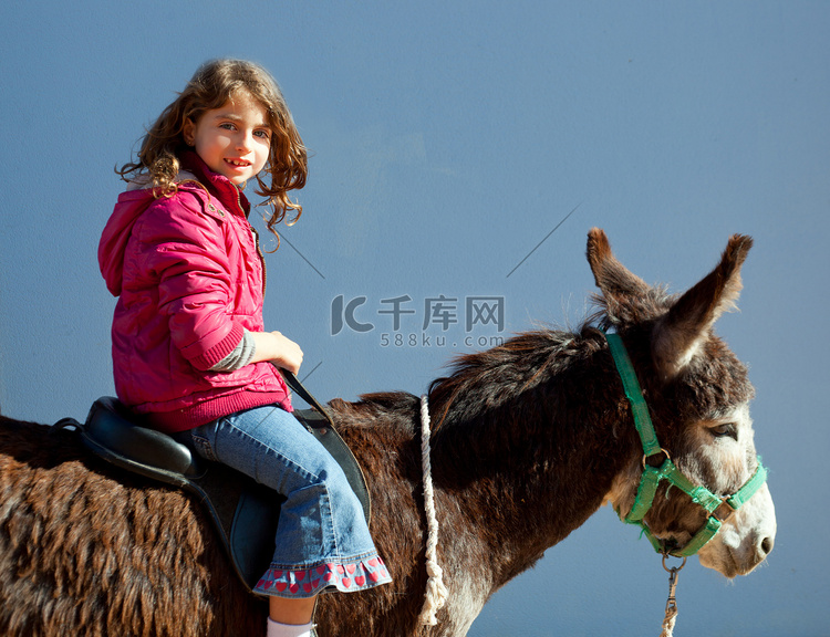 驴骡与孩子骑着快乐的小女孩