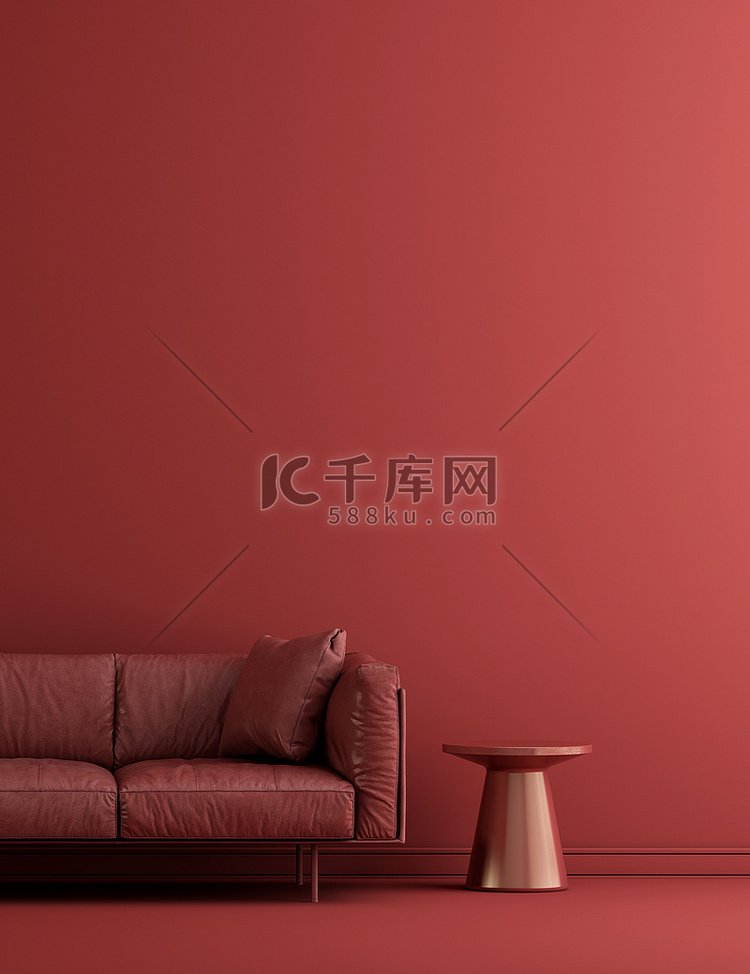 现代客厅室内皮革沙发和红墙纹理