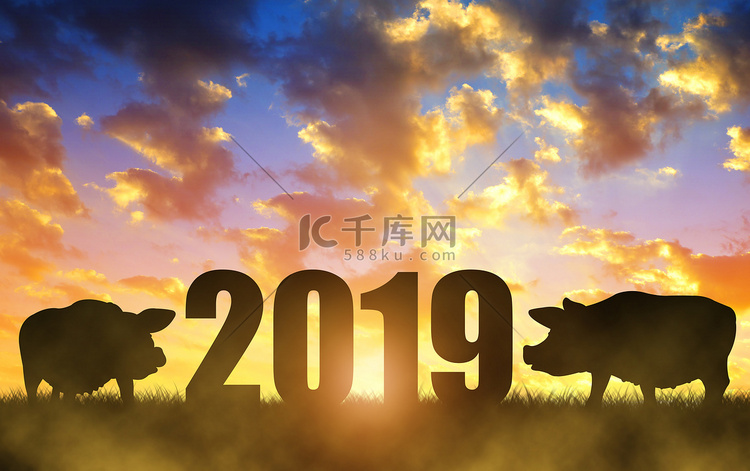 中国新年2019概念。日落时两