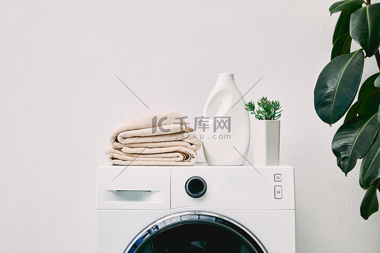 洗衣机和浴室绿色植物上的洗涤剂