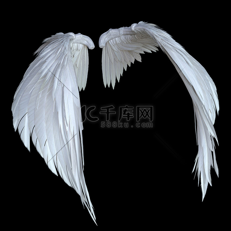 3D渲染白色幻想天使翅膀与黑色
