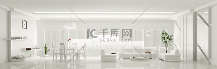 现代室内装饰的白色公寓全景 3d