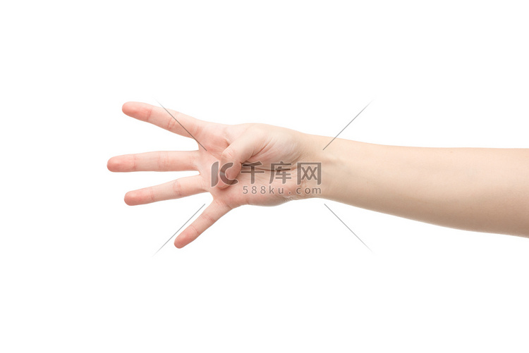 女性在白色上表现出四个手指姿势
