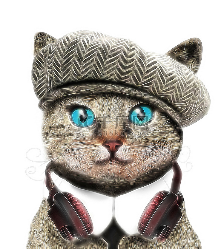 可爱的猫，戴着顶帽子带着耳机