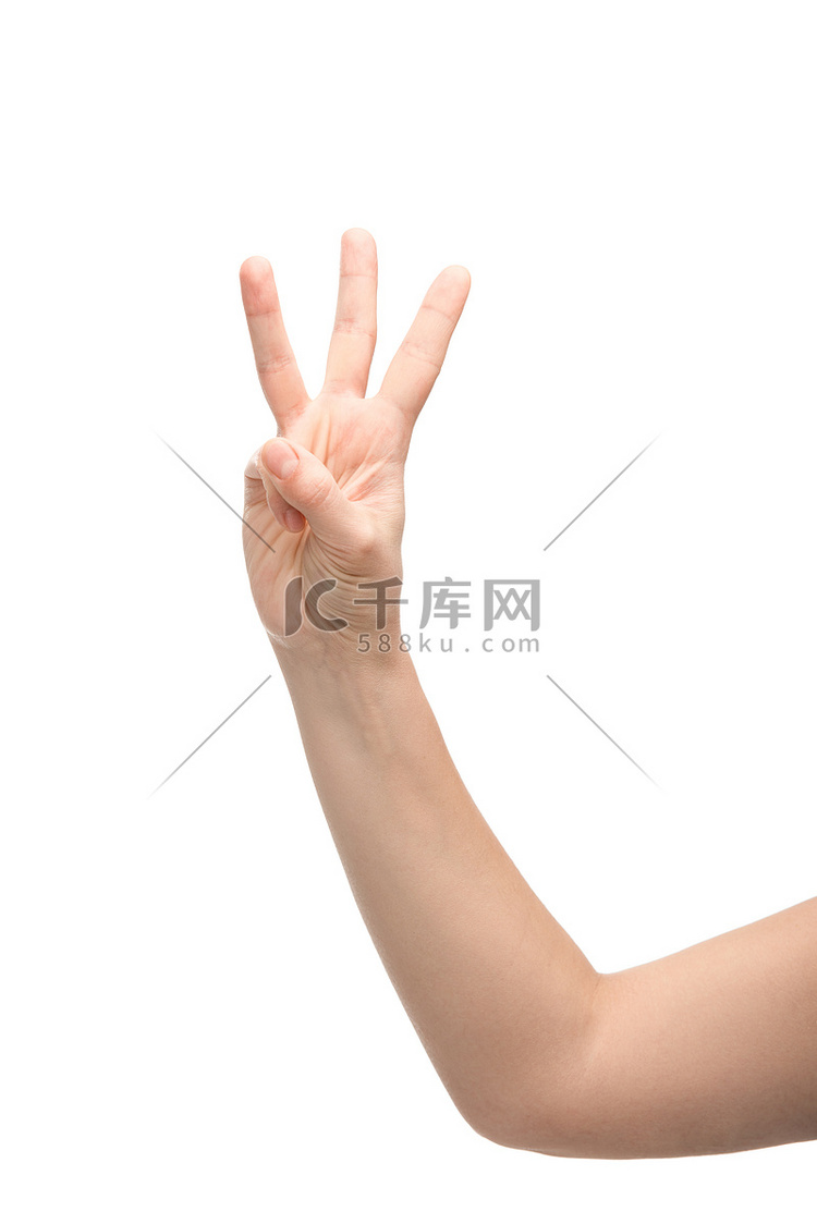 女性在白色上表现出三个手指姿势
