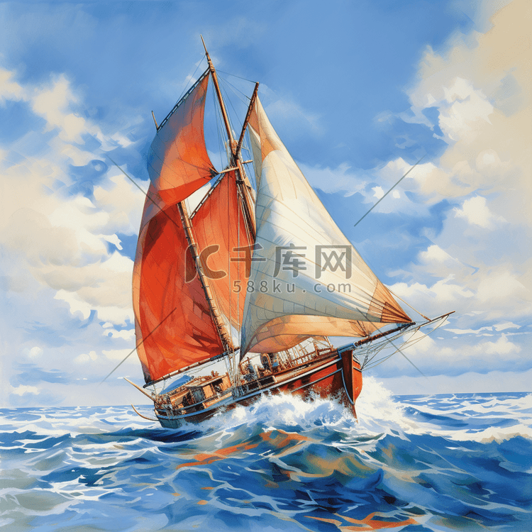 带三角帆的帆船在公海上航行