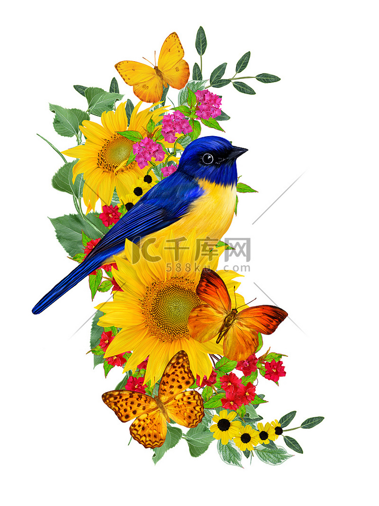 蓝鸟坐在一枝鲜红的花朵上, 黄