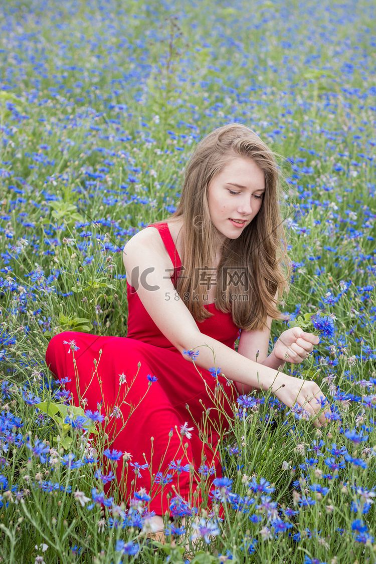 年轻漂亮的微笑女孩在草地上摘花