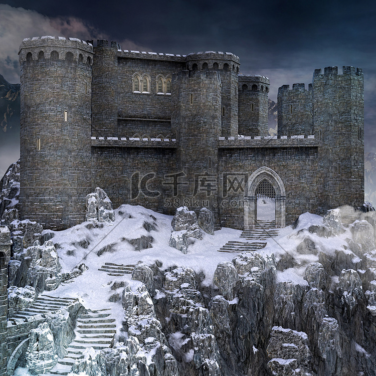 中世纪幻想城堡在山风景-3d 例证