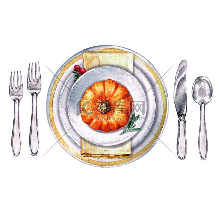 秋季餐桌装饰。地方设置-水彩插