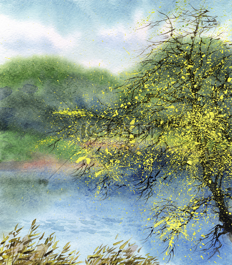 水彩风景。树在春天在池塘中