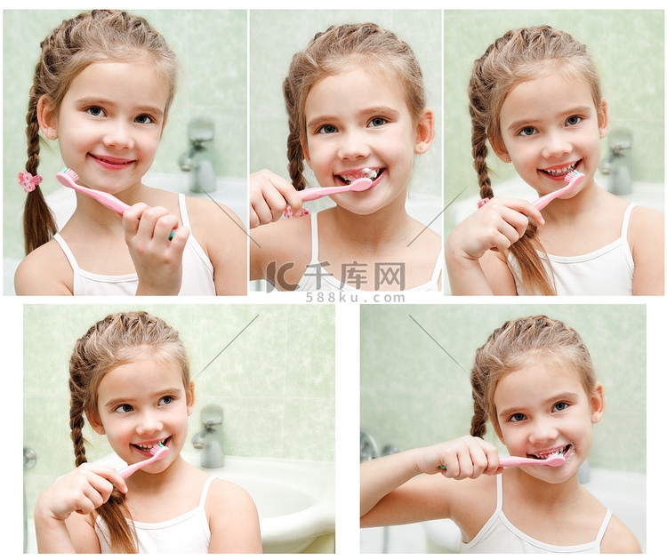 收集的照片微笑可爱小女孩刷牙