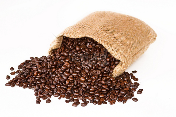 咖啡袋-咖啡豆在帆布咖啡袋白色