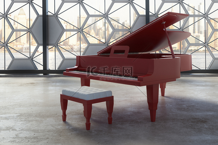 混凝土内部与红色的钢琴和创造性