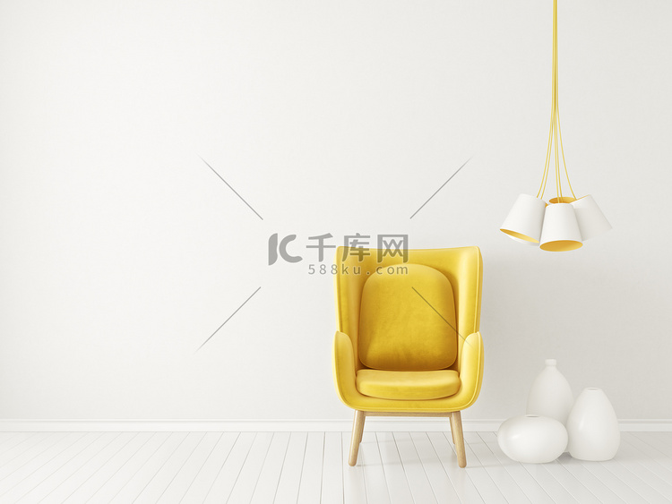 现代客厅与黄色扶手椅和灯, 斯