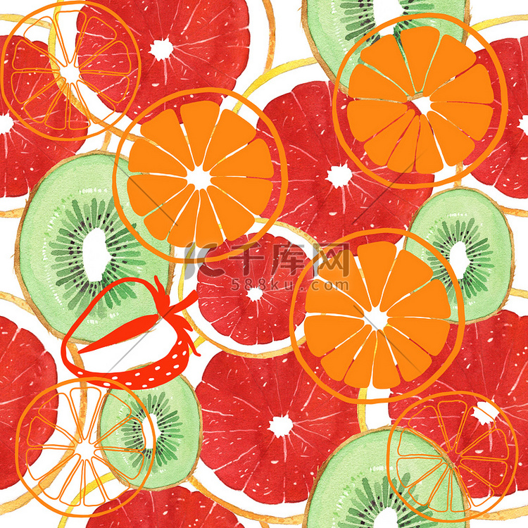 水彩柚子猕猴桃橙和草莓无缝图案