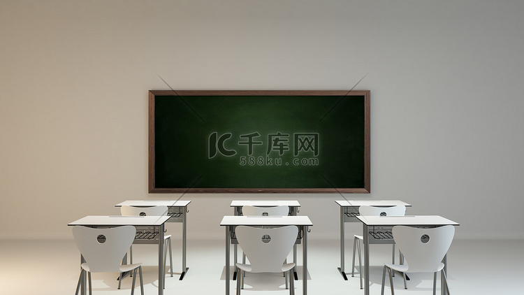 空的现代教室概念与白色木制书桌