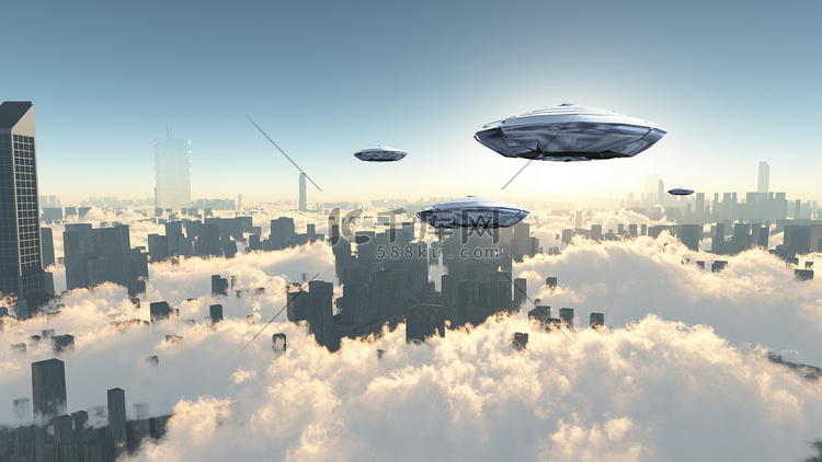 飞碟飞越了未来主义的大都市。日