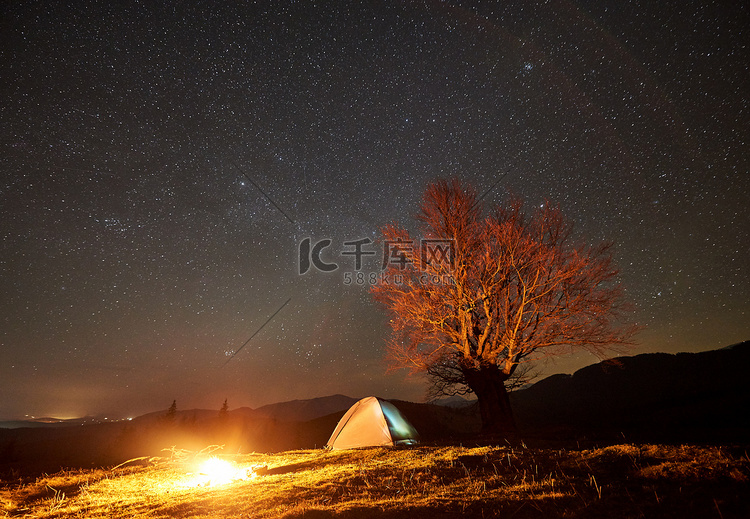 梦幻般的夜露营网站视图。明亮的