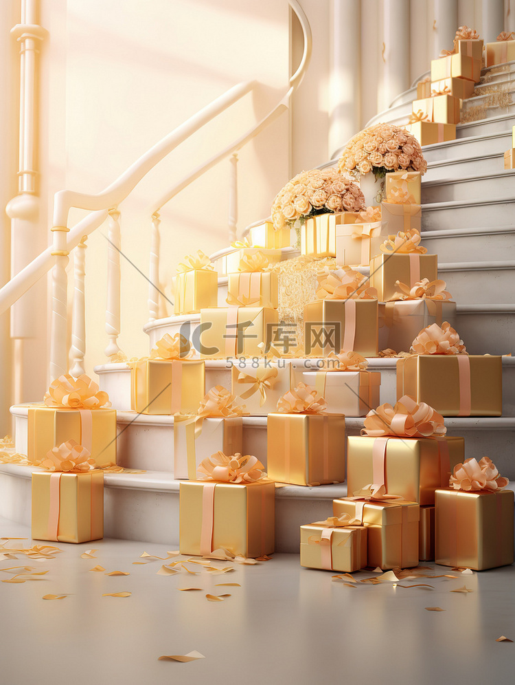 大楼梯成堆的礼盒玫瑰金装饰16