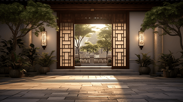 夕阳下的中国风古典庭院背景5