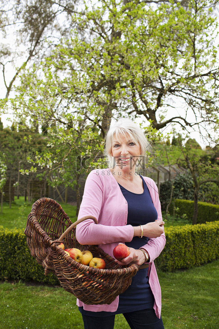 成熟女人的肖像提着一篮子苹果
