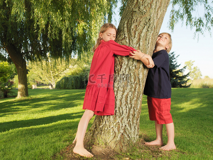 小男孩和小女孩拥抱着树
