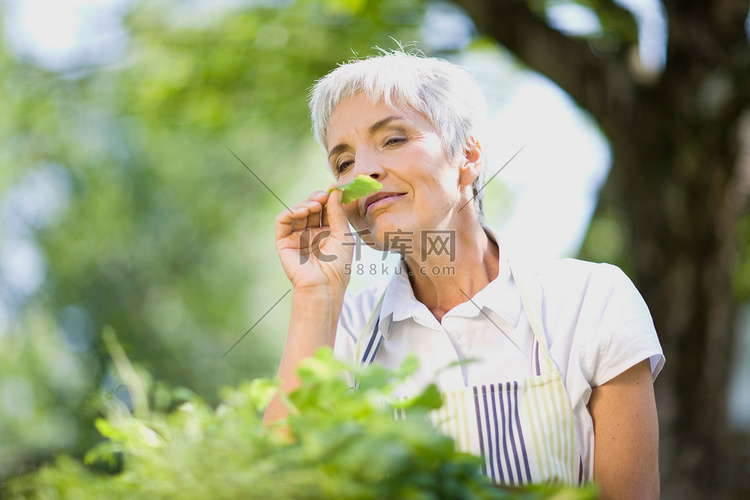 一名妇女闻了闻一些草药