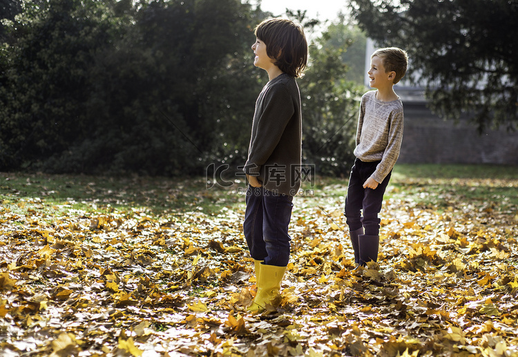 秋叶里两个男孩在户外玩耍