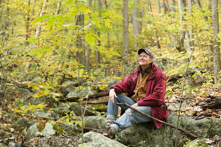 一个男人坐在林地的一块岩石上