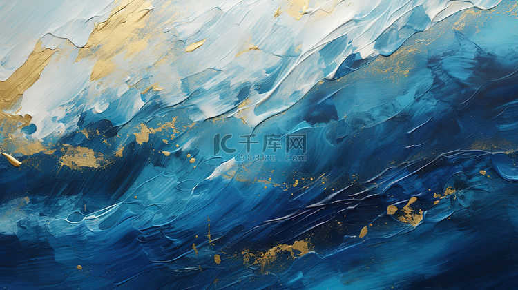 金色和海蓝色波浪漩涡油画质感背