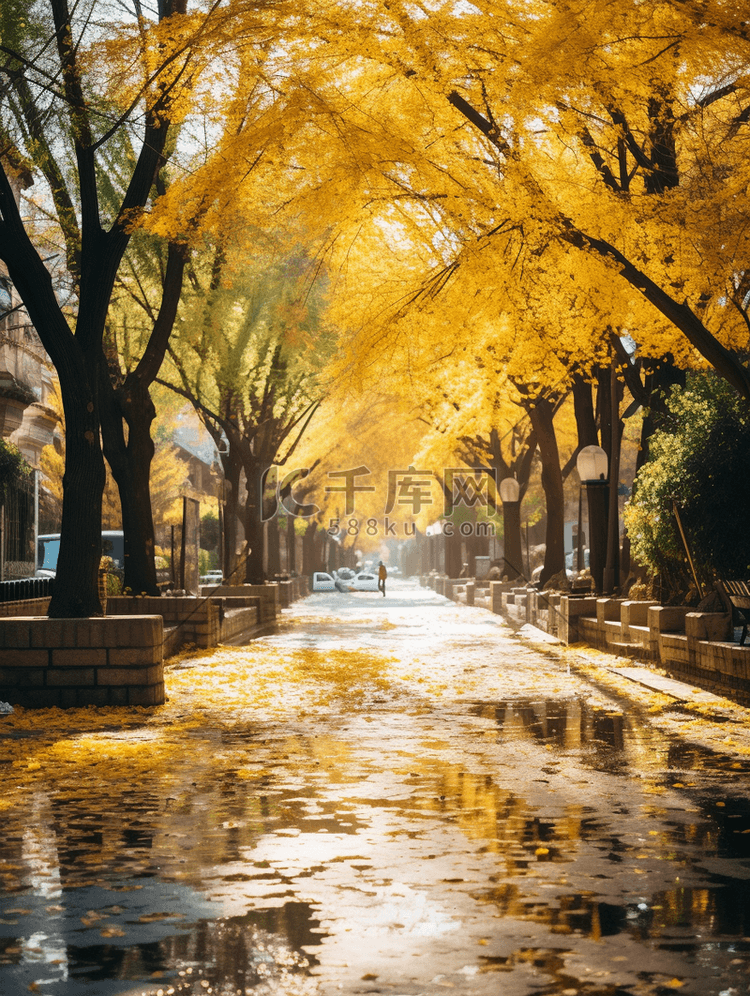 金黄色深秋行道树风景背景20