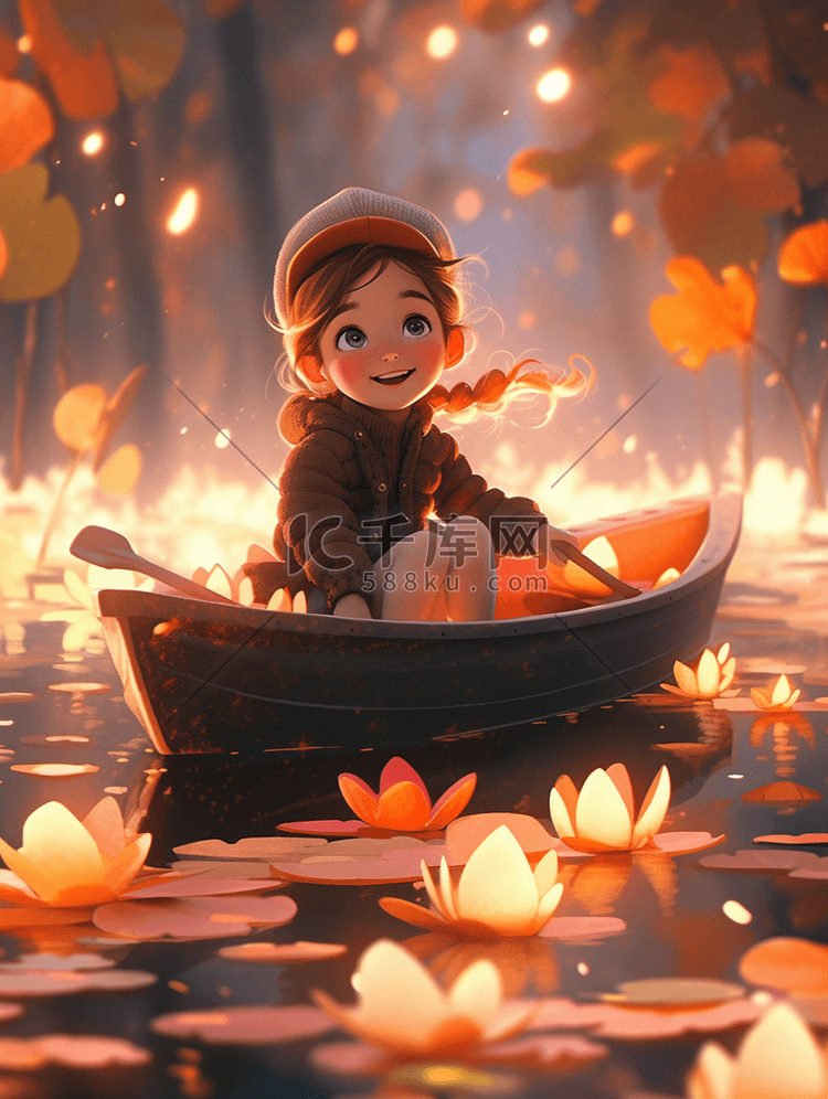 秋季坐在小船上的小女孩插画29