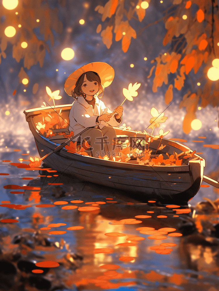 秋季坐在小船上的小女孩插画33