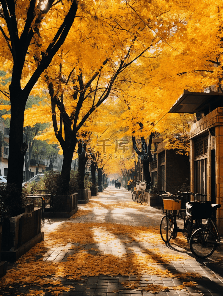 金黄色深秋行道树风景背景6