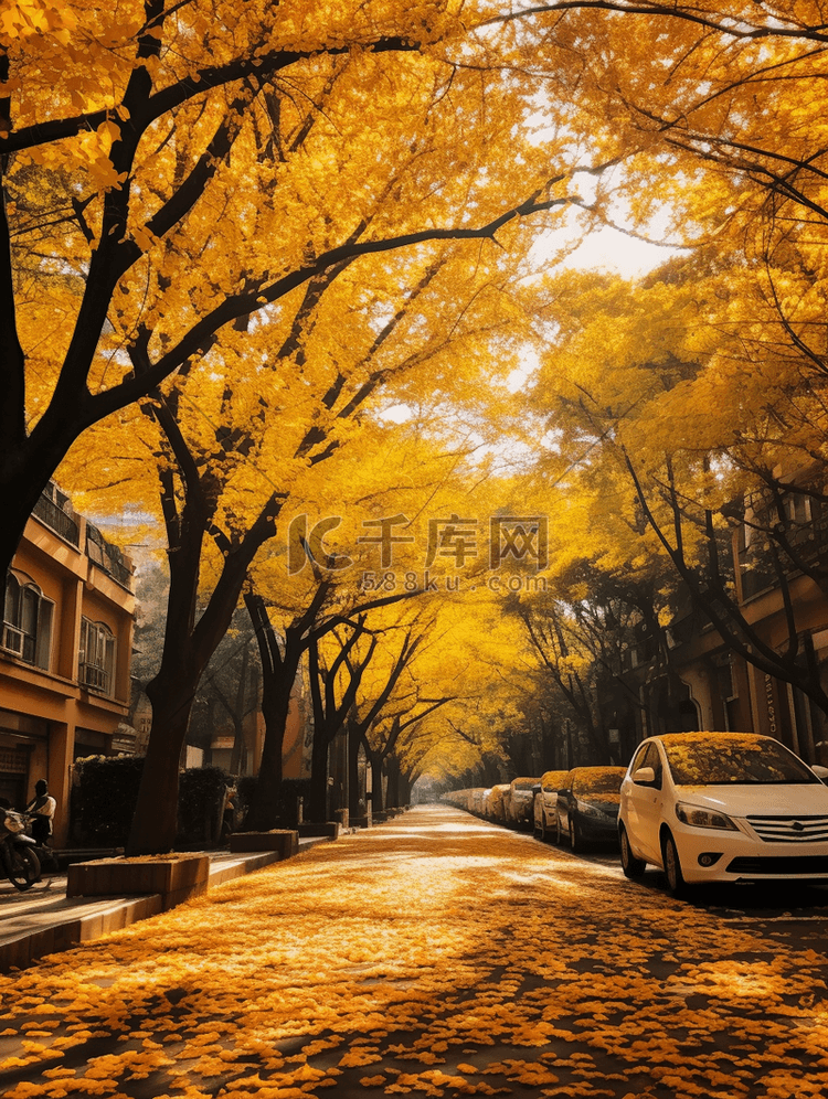 金黄色深秋行道树风景背景19