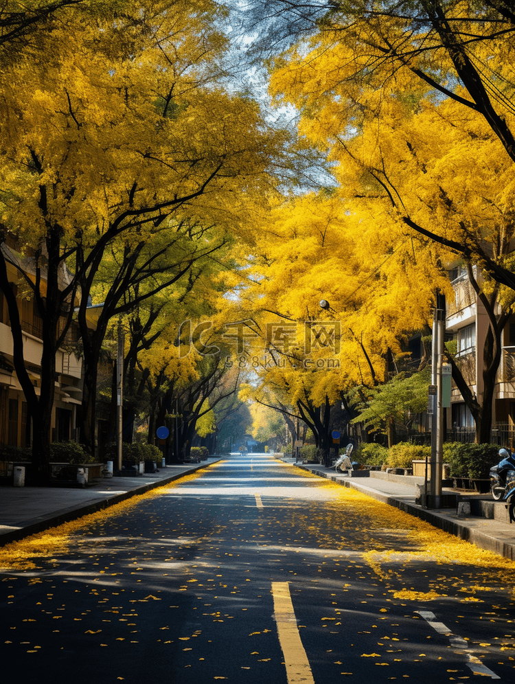 金黄色深秋行道树风景背景12