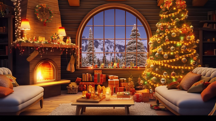 圣诞装饰的客厅壁炉16