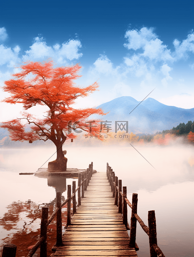 林中木桥湖泊自然景色